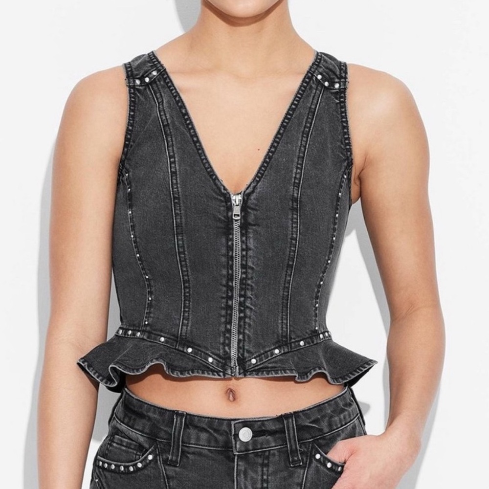 Sexy Black Denim Sleeveless Too wild fable denim corset with zip s size